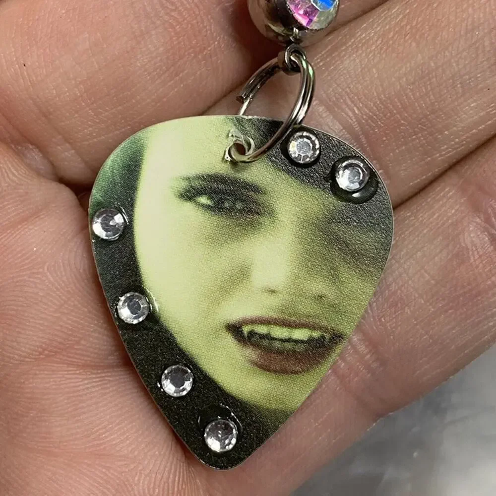 Handmade Creepy Vampire Girl Guitar Pick Belly Ring Rhinestone Embellish Horror